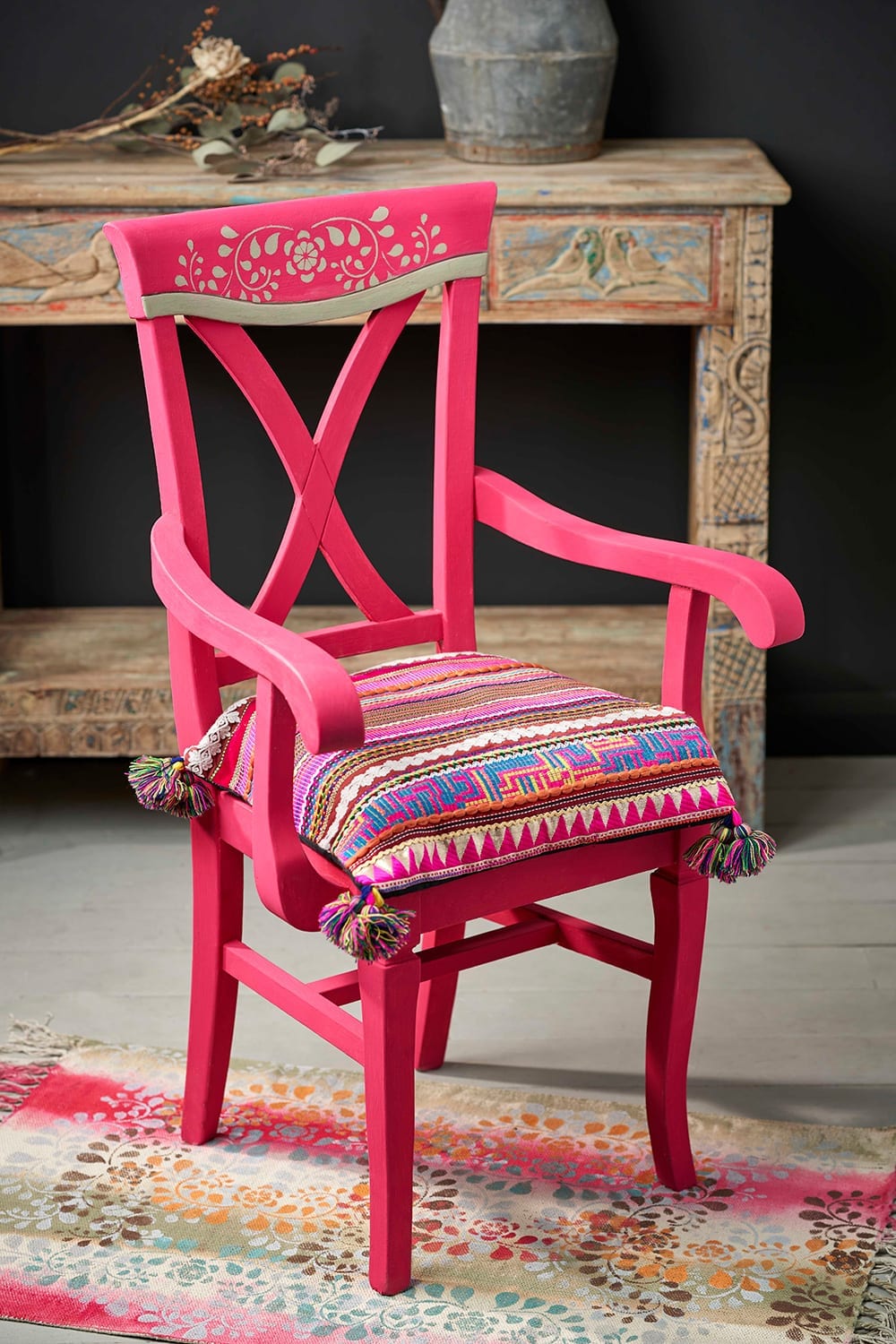 Indian Inspired Capri Pink Chair With Faux Bone Inlay Stencilling