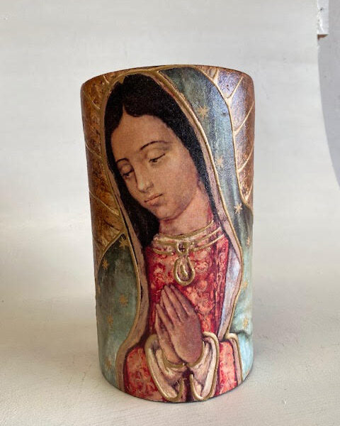 Mexican Clay Candle Holder Extra Large with Mary of Guadalupe - Gaudy & Prim