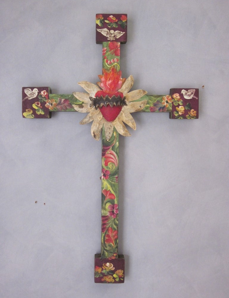 Large Mexican Antique Look Cross with Tin Heart - Gaudy & Prim