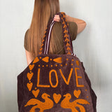 Velvet 'LOVE' Tote - Brown Velvet with Mustard Detail