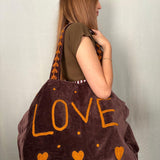 Velvet 'LOVE' Tote - Brown Velvet with Mustard Detail