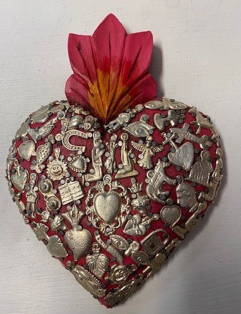 Mexican Large Wooden Heart Fuschia Covered in Milagros - Gaudy & Prim