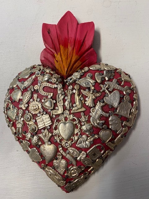 Mexican Large Wooden Heart Fuschia Covered in Milagros - Gaudy & Prim
