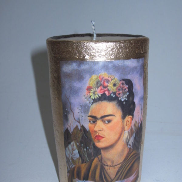 Mexican Clay Candle Holder with Frida Image Chongo and Wax Insert - Gaudy & Prim