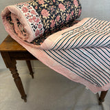 Cotton Block Print Quilt Garden Rose and Stripe