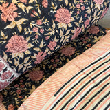 Cotton Block Print Quilt Garden Rose and Stripe