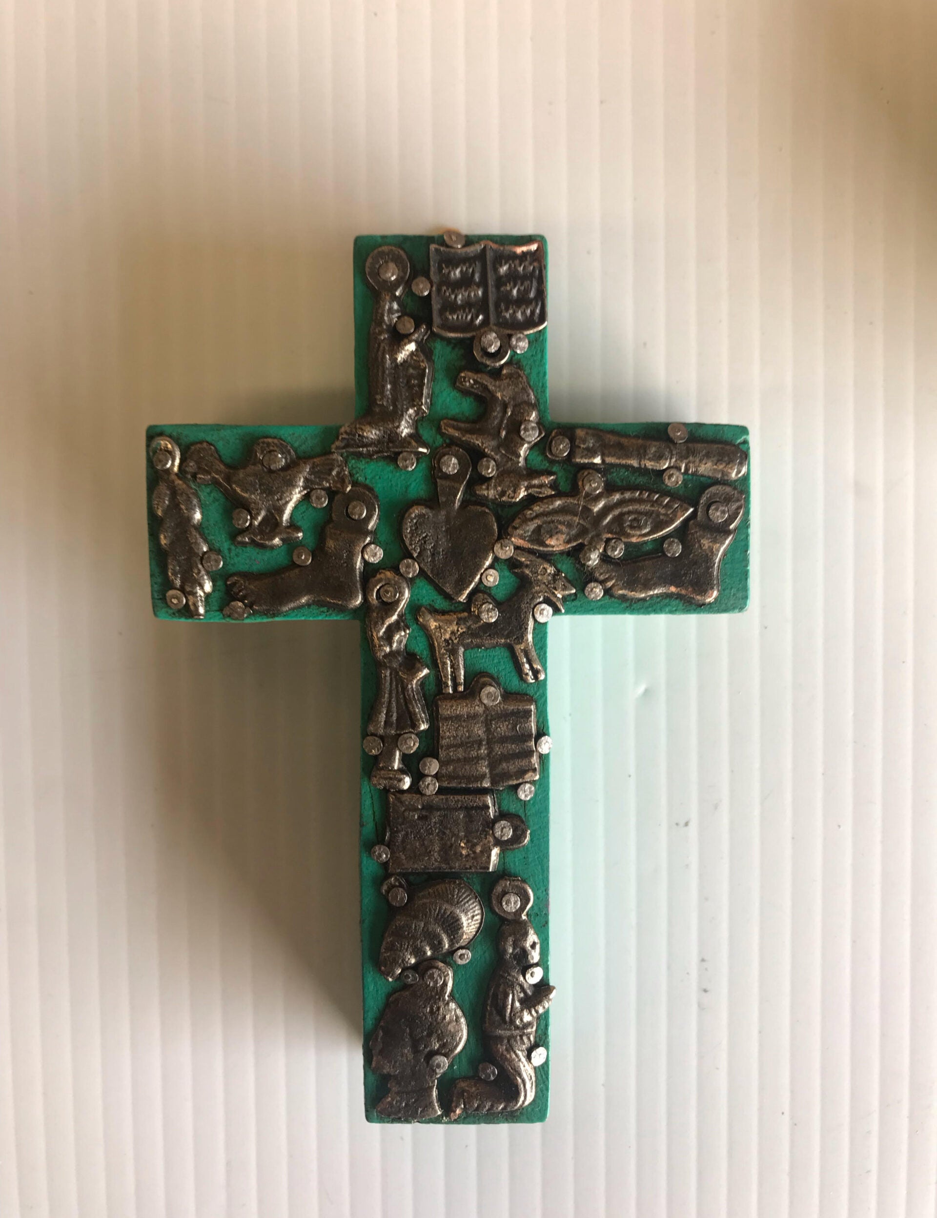 Small Mexican Wooden Cross Turquoise with Milagros - Gaudy & Prim