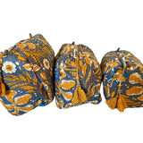 Cosmetic Bag - Block Print Navy and Mustard Leaves