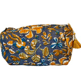 Cosmetic Bag - Block Print Navy and Mustard Leaves