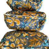 Cosmetic Bag - Block Print Navy and Mustard Leaves
