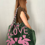 Velvet 'LOVE' Tote - Green Velvet with Pink Writing