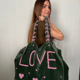 Velvet 'LOVE' Tote - Green Velvet with Pink Writing