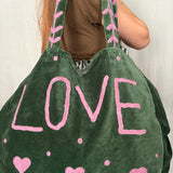Velvet 'LOVE' Tote - Green Velvet with Pink Writing