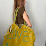 Velvet 'LOVE' Tote - Lime Velvet with Green Writing