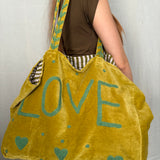 Velvet 'LOVE' Tote - Lime Velvet with Green Writing