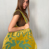 Velvet 'LOVE' Tote - Lime Velvet with Green Writing