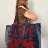 Velvet 'LOVE' Tote - Navy Velvet with Burgundy Detail
