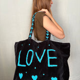 Velvet 'LOVE' Tote - Black Velvet with Blue Writing