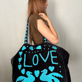 Velvet 'LOVE' Tote - Black Velvet with Blue Writing