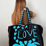 Velvet 'LOVE' Tote - Black Velvet with Blue Writing