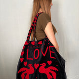 Velvet 'LOVE' Tote - Black Velvet with Red Detail