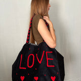 Velvet 'LOVE' Tote - Black Velvet with Red Detail