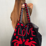 Velvet 'LOVE' Tote - Black Velvet with Red Detail