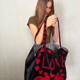 Velvet 'LOVE' Tote - Black Velvet with Red Detail