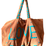 Velvet 'LOVE' Tote - Brown Velvet with Blue Detail