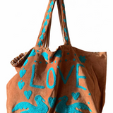Velvet 'LOVE' Tote - Brown Velvet with Blue Detail