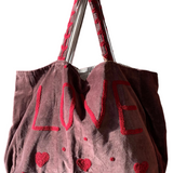 Velvet 'LOVE' Tote - Brown Velvet with Burgundy Detail