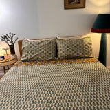 Hand Block Printed Bedding- Teal flower on cream