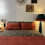 Hand Block Printed Bedding- Geometric Red Flowers