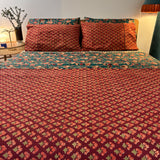 Hand Block Printed Bedding- Geometric Red Flowers