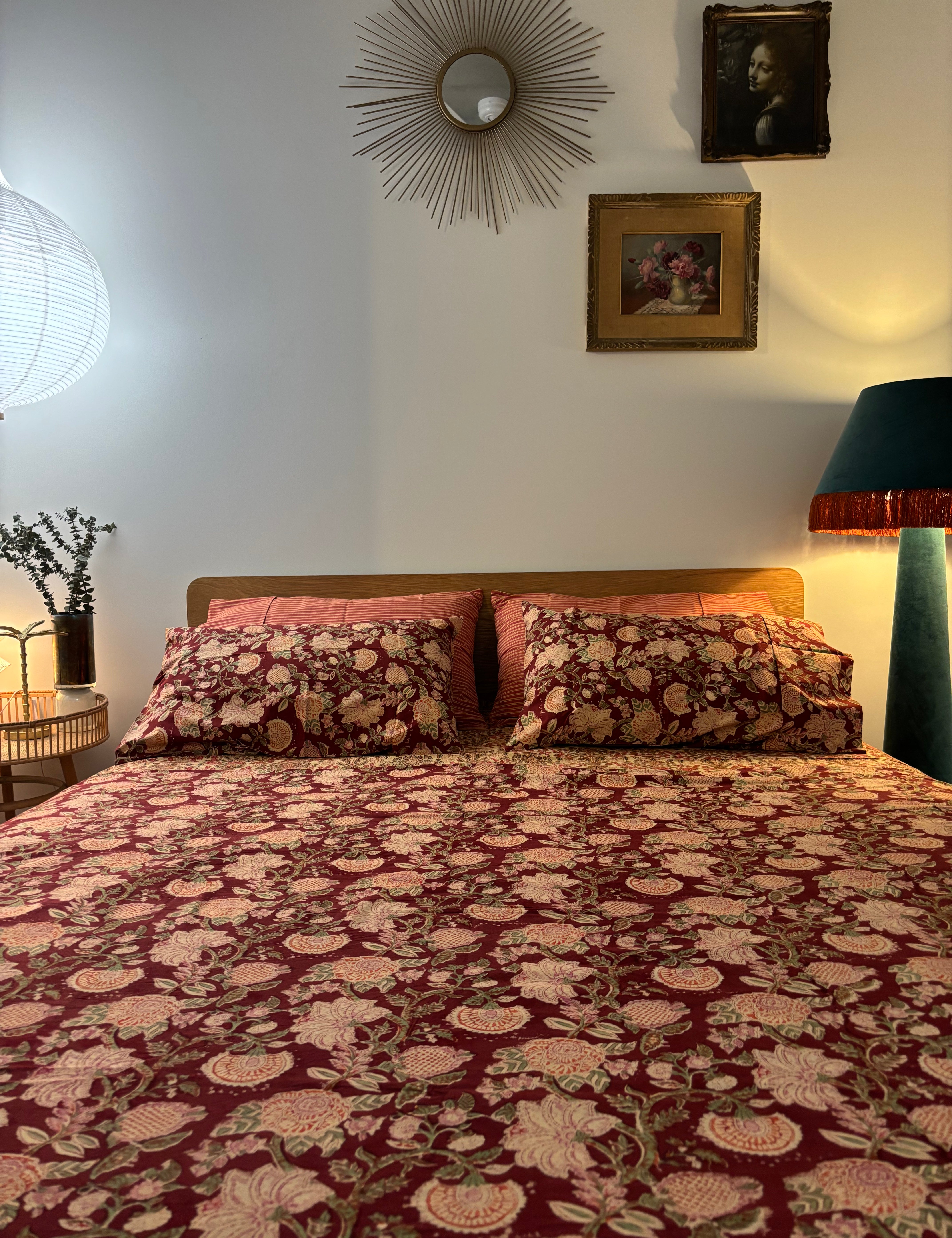 Hand Block Printed Bedding- Rich red floral
