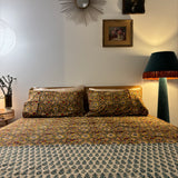 Hand Block Printed Bedding- Teal flower on cream