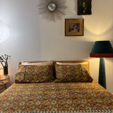 Hand Block Printed Bedding- Teal flower on cream