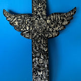 Mexican Wooden Cross with Wings and Milagros
