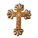 Mexican Wooden Yellow Cross Carved with Milagros