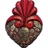 Mexican Wooden Heart with Skull & Antique Aged Gray Coloured Milagros Day of the Dead