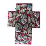 Mexican Pink Wooden Cross with Antique Aged Milagros