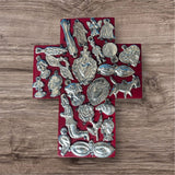 Mexican Red Wooden Cross with Antique Aged Milagros