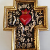 Mexican Wooden Cross with Red Heart & Milagros