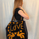 Velvet 'LOVE' Tote - Black Velvet with Brown Details