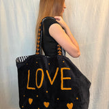 Velvet 'LOVE' Tote - Black Velvet with Brown Details