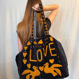 Velvet 'LOVE' Tote - Black Velvet with Brown Details