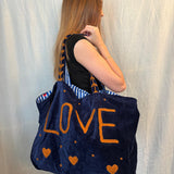 Velvet 'LOVE' Tote - Navy Velvet with Brown Writing