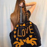 Velvet 'LOVE' Tote - Black Velvet with Brown Details