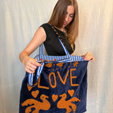 Velvet 'LOVE' Tote - Navy Velvet with Brown Writing