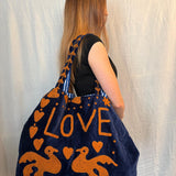 Velvet 'LOVE' Tote - Navy Velvet with Brown Writing